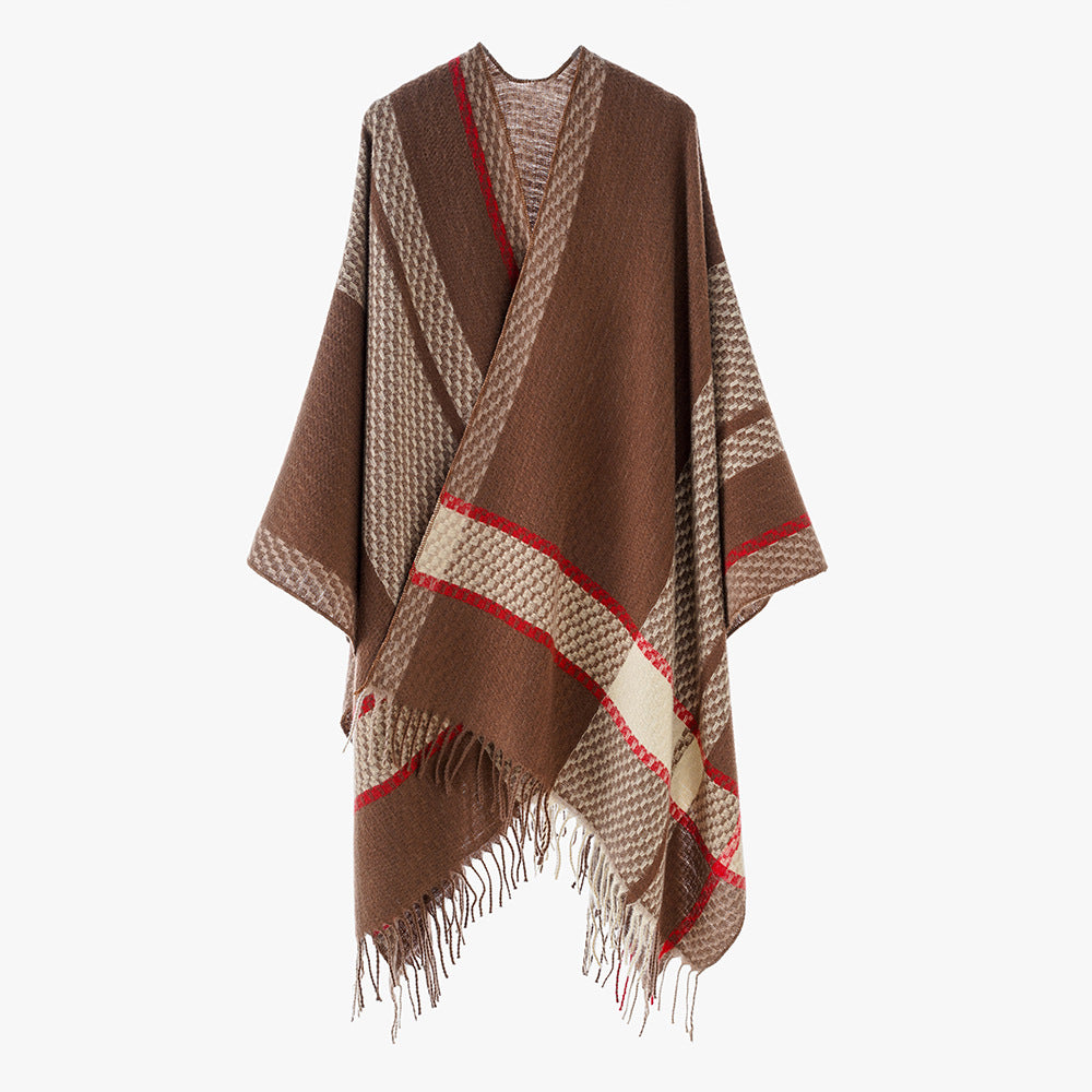 Damen Capeponcho mit Fransen und kariertem Jacquard-Design Drune
