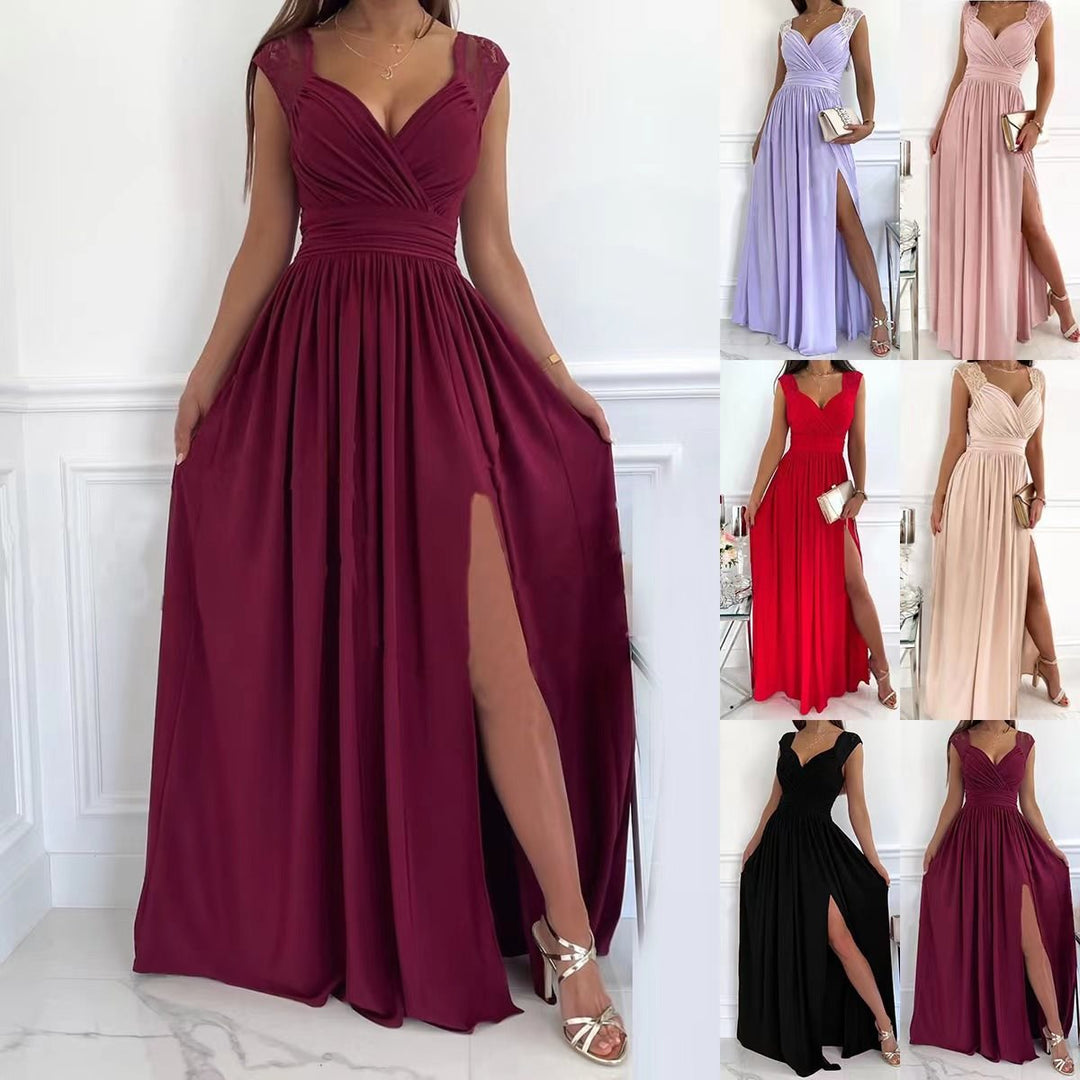 Damen elegantes Maxikleid mit Spitzenärmeln und seitlichem Schlitz Drune