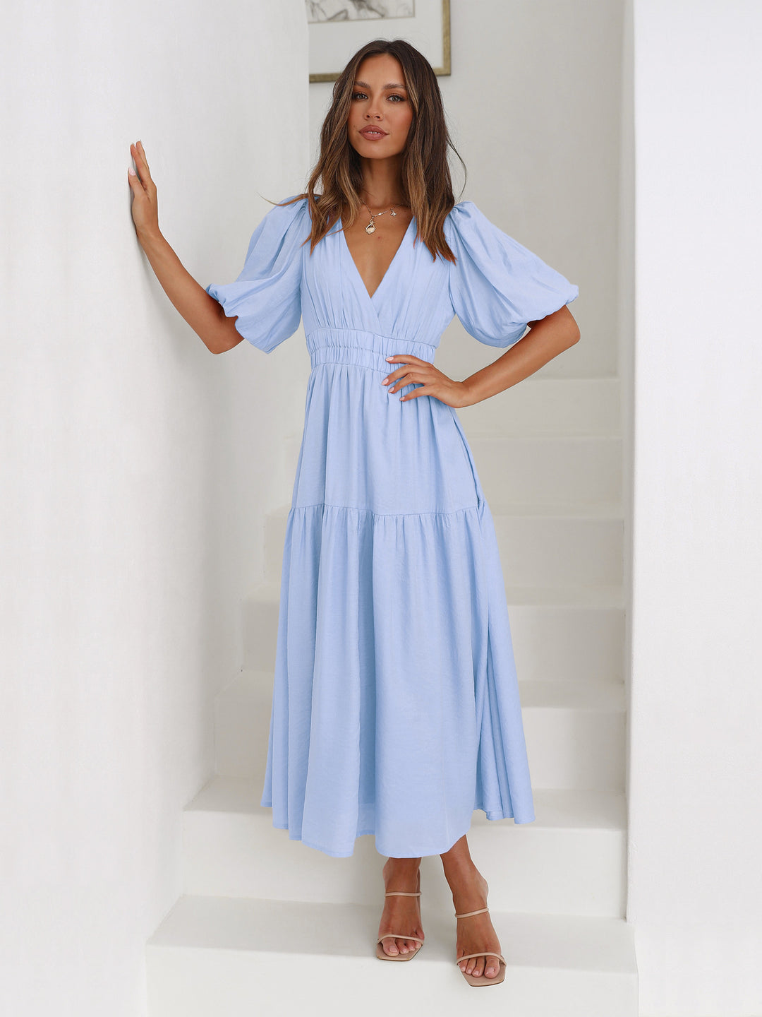 Damen Maxikleid mit Puffärmeln und elastischem Taillenbund Drune