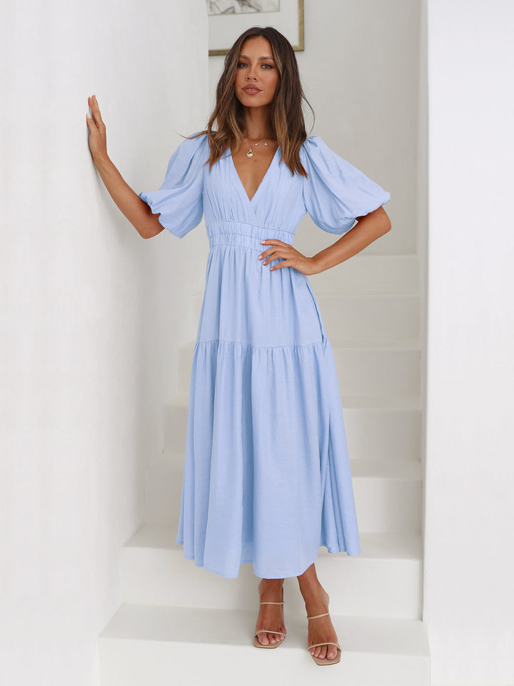 Damen Maxikleid mit Puffärmeln und elastischem Taillenbund Drune