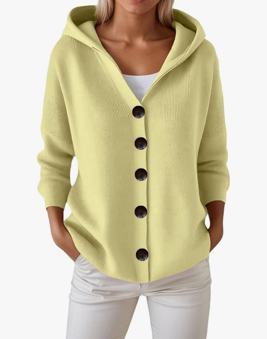 Damen Kapuzen-Strickjacke mit großen Holzknöpfen und seitlichen Eingrifftaschen Drune