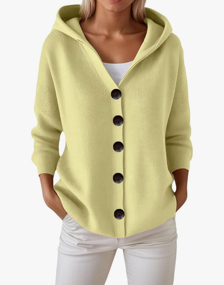 Damen Kapuzen-Strickjacke mit großen Holzknöpfen und seitlichen Eingrifftaschen Drune