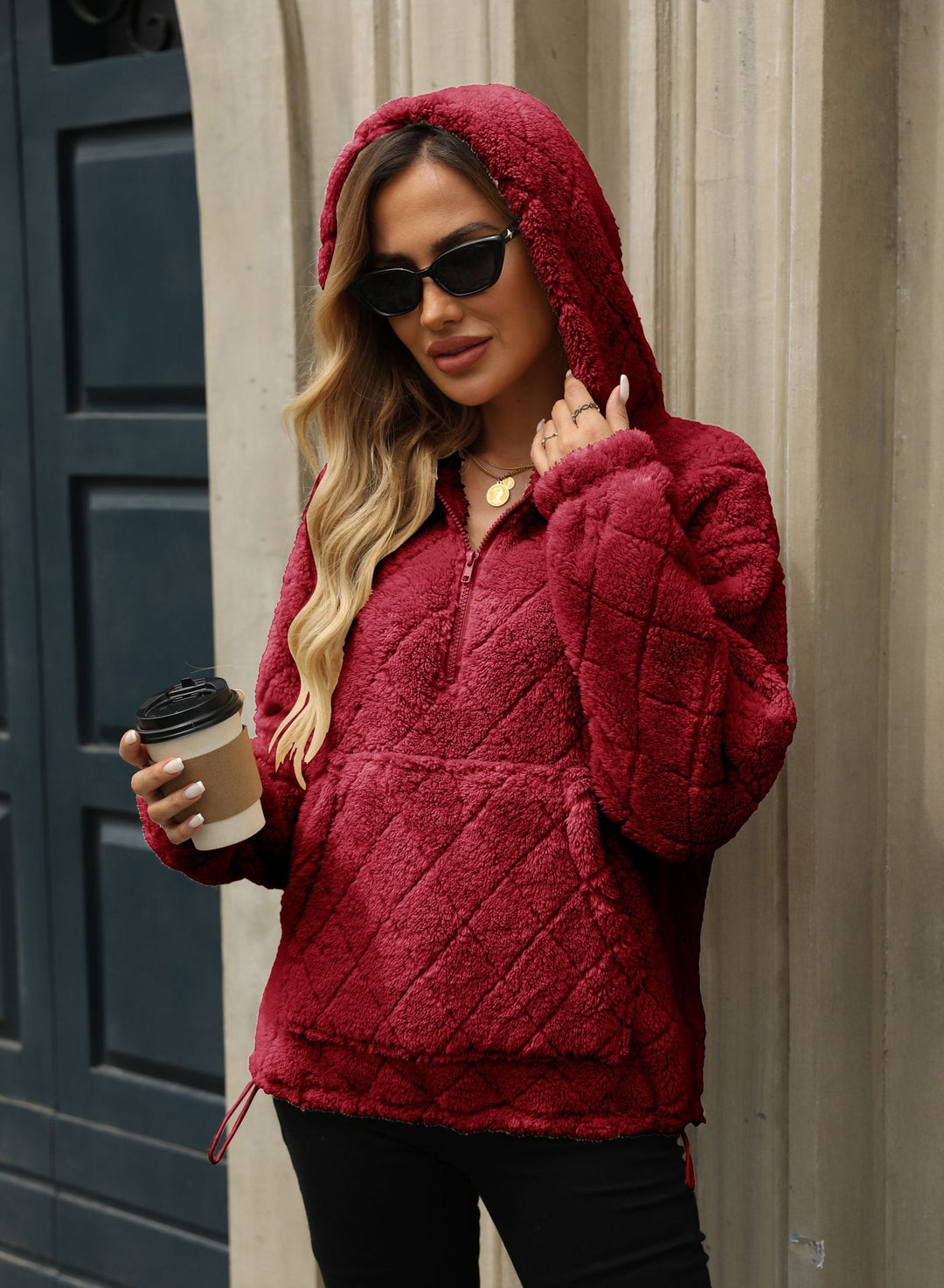 Damen Flauschiger Hoodie mit Stehkragen und Kängurutasche Drune