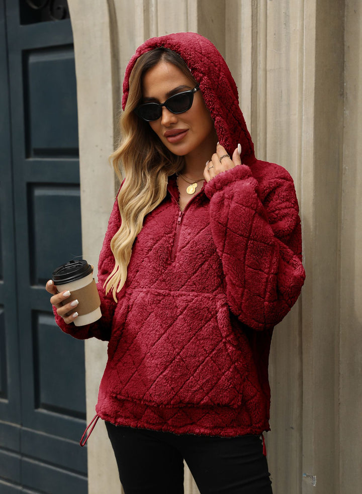 Damen Flauschiger Hoodie mit Stehkragen und Kängurutasche Drune