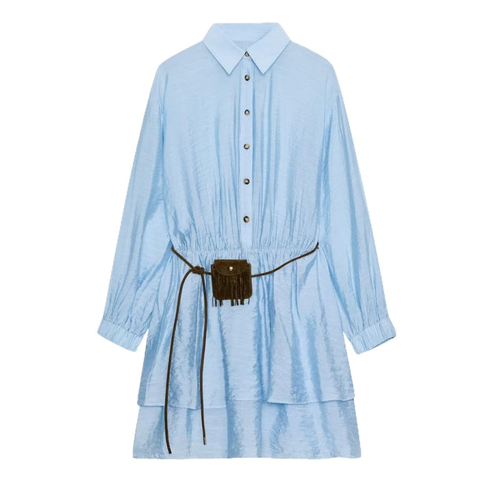 Damen Hemdblusenkleid im Crinkle-Look mit Stufenrock und Taillenzug Drune