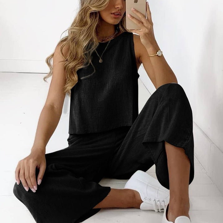 Damen Lässiges Zweiteiliges Set aus weichem Leinenstoff mit weitem Schnitt und elastischem Bund Drune