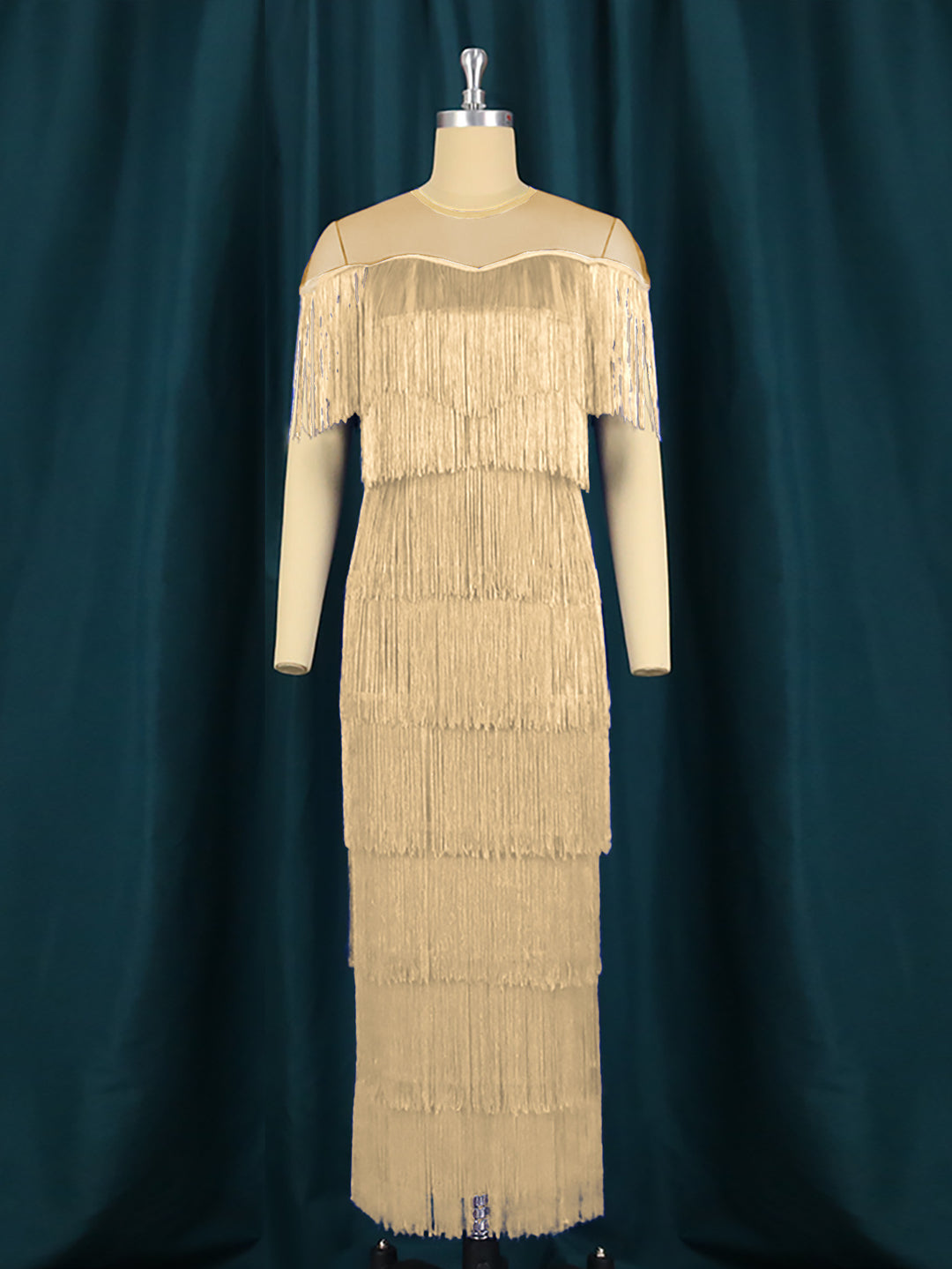 Damen Fransen Maxikleid mit halber Transparenz Drune