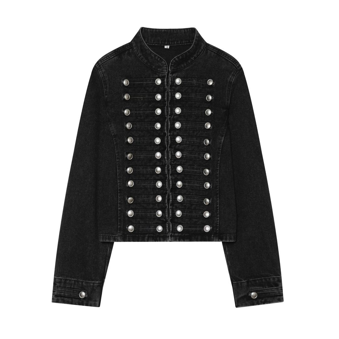 Damen Cropped Denim‑Blouson im Frackstil mit dekorativen Reihenknöpfen Drune