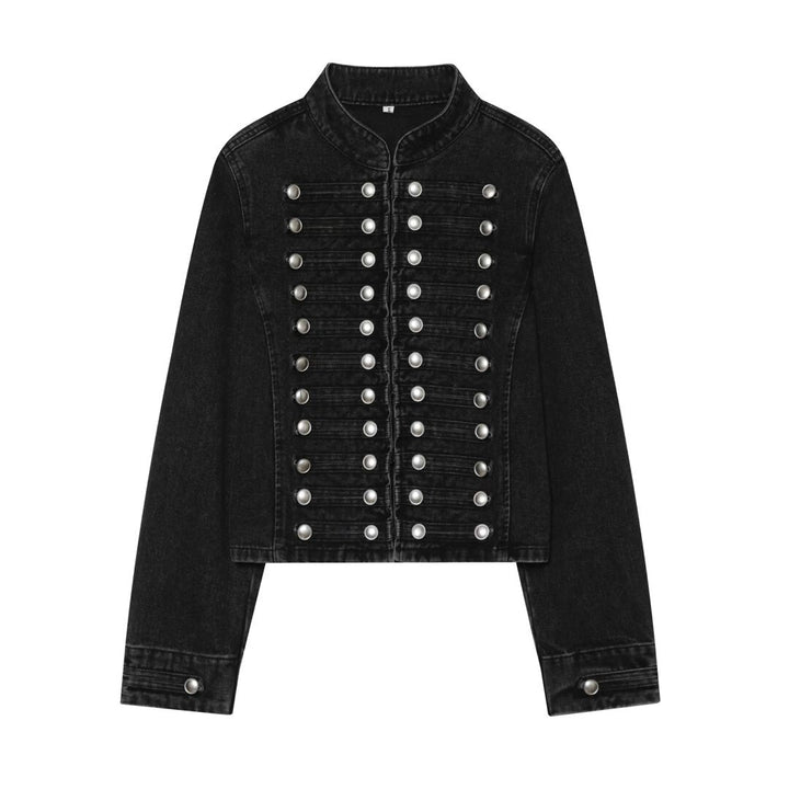 Damen Cropped Denim‑Blouson im Frackstil mit dekorativen Reihenknöpfen Drune