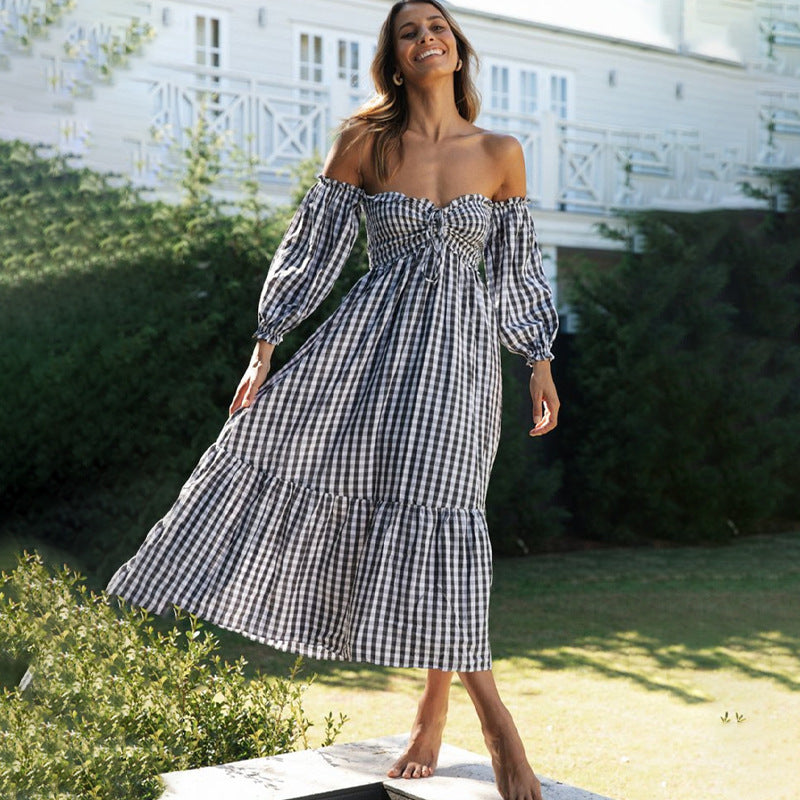 Damen Midi-Kleid mit Puffärmeln und Karomuster Drune