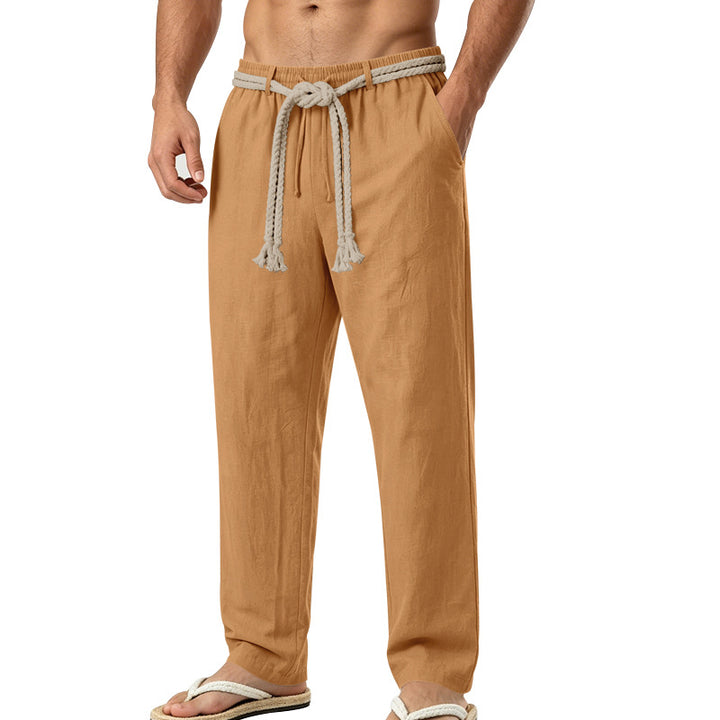 Herren lässige Leinen-Loungehose mit elastischem Bund, dekorativem Seilgürtel und Seitentaschen Drune