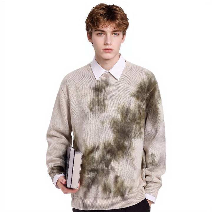 Herren Oversize-Strickpullover mit Batikoptik, Rundhalsausschnitt und Rippbündchen Drune