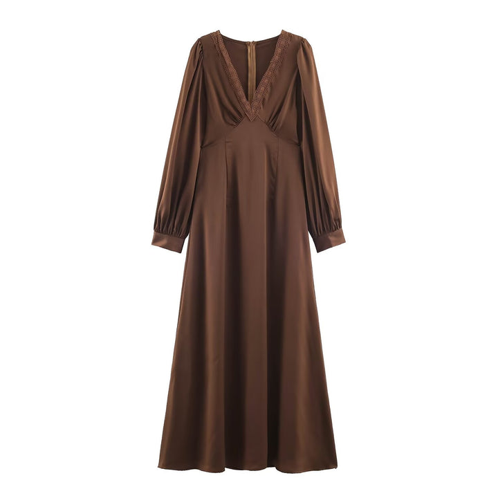 Damen Elegantes Satin-Maxikleid mit V-Ausschnitt und Spitzenbesatz Drune