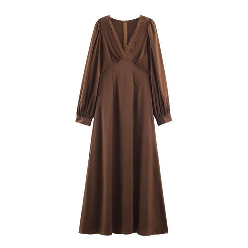 Damen Elegantes Satin-Maxikleid mit V-Ausschnitt und Spitzenbesatz Drune