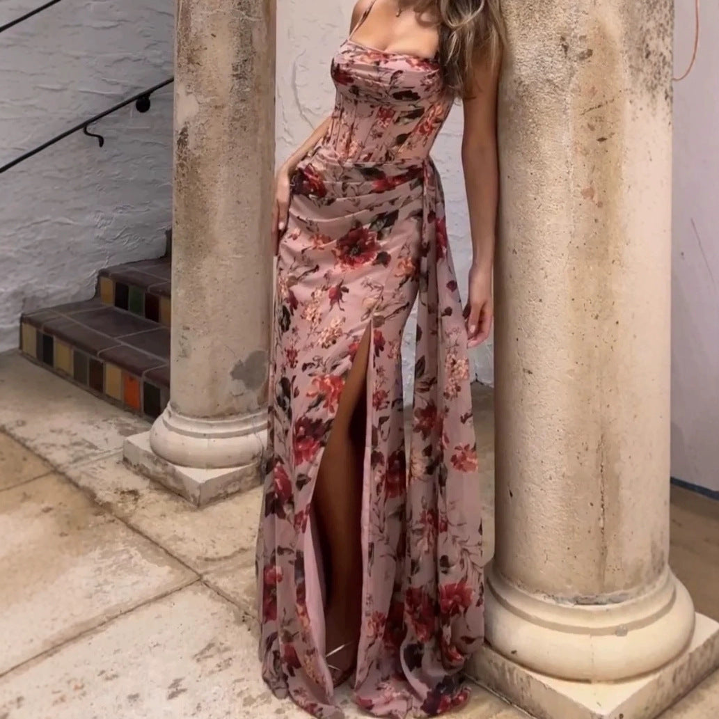 Damen Elegantes Maxikleid mit floralen Mustern und seitlichem Schlitz Drune