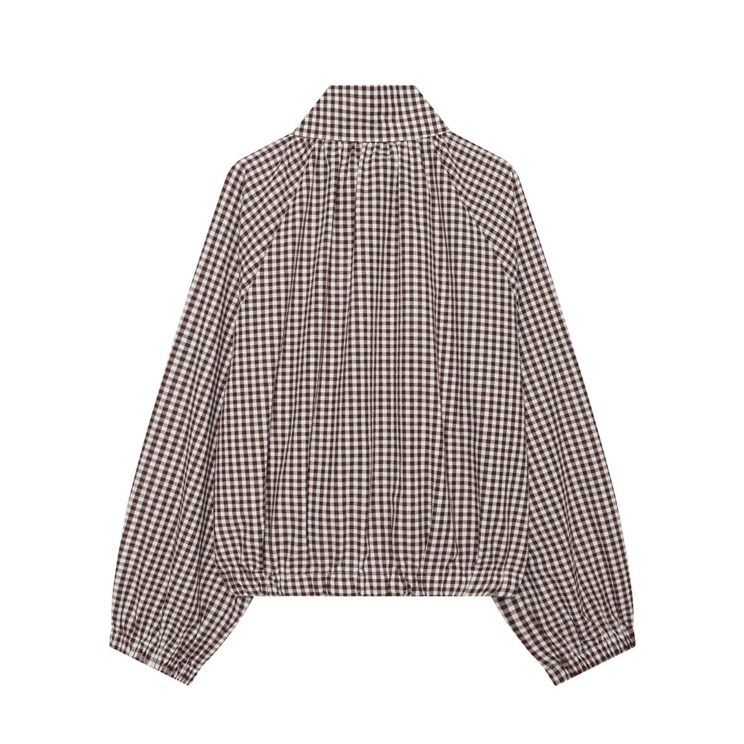 Damen Karierte Cropped‑Bluse mit Stehkragen, Tunnelzugsaum und Ballonärmeln Drune