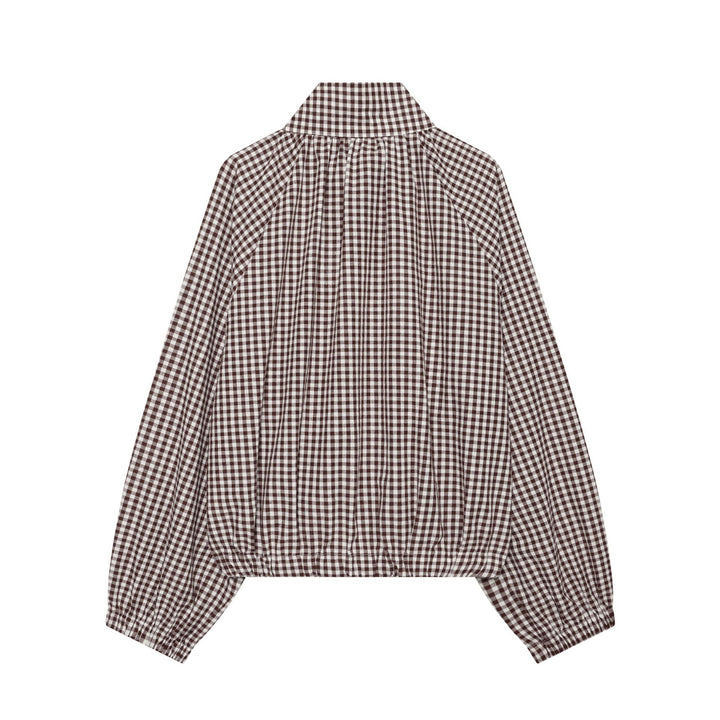 Damen Karierte Cropped‑Bluse mit Stehkragen, Tunnelzugsaum und Ballonärmeln Drune