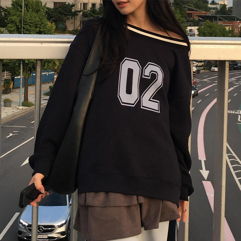 Damen lässiger Oversized Pullover mit sportlichem Print Drune