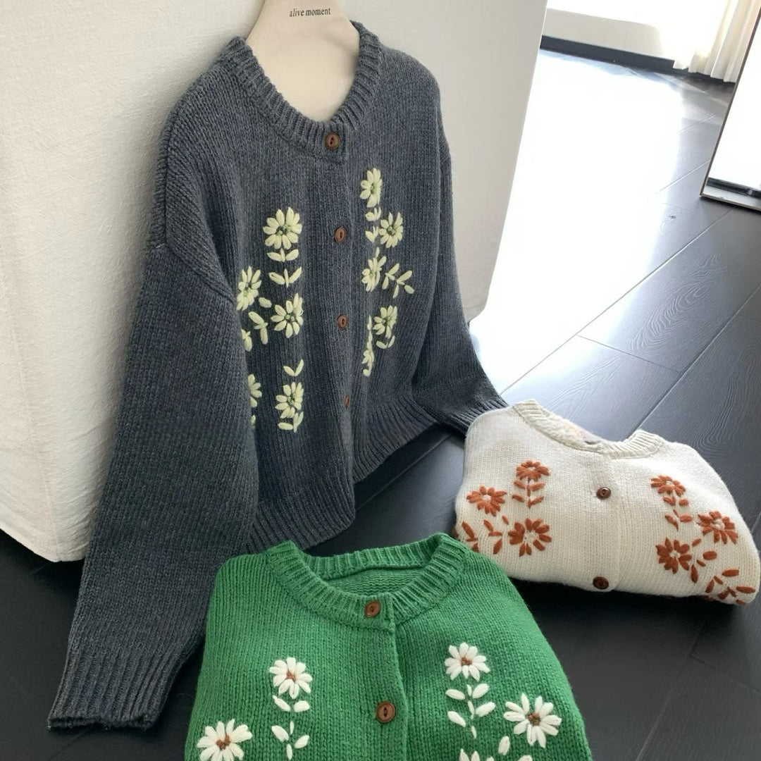 Damen Verspielte Strickjacke mit Blumenapplikationen Drune
