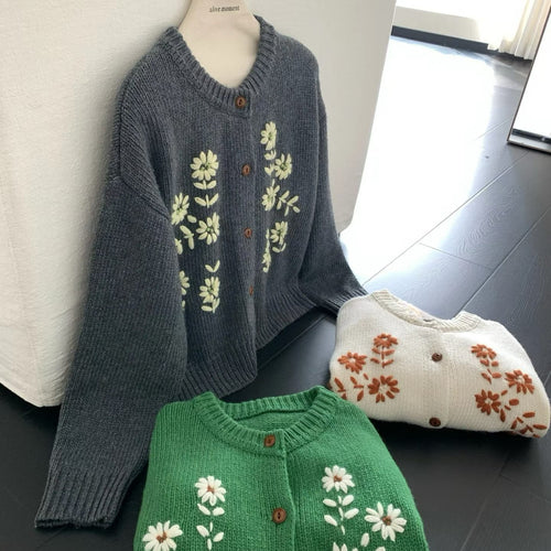 Damen Verspielte Strickjacke mit Blumenapplikationen Drune