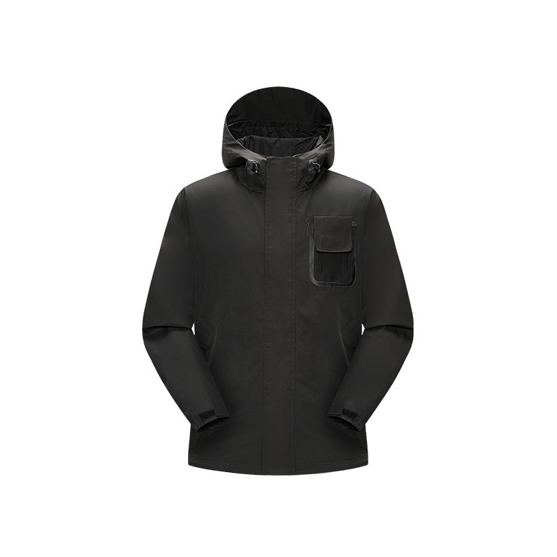Herren wasserdichte Utility‑Outdoorjacke mit verdeckter Front, Kapuze und funktionaler Brusttasche Drune