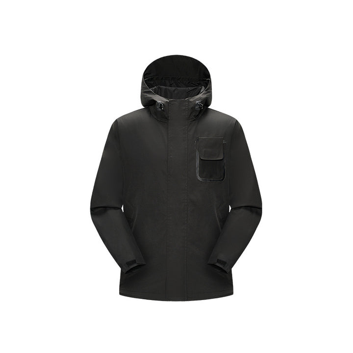 Herren wasserdichte Utility‑Outdoorjacke mit verdeckter Front, Kapuze und funktionaler Brusttasche Drune