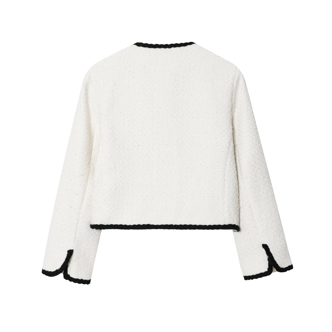 Damen nan kurz geschnittene Bouclé-Jacke mit geflochtenem Rand und goldenen Zierknöpfen Drune