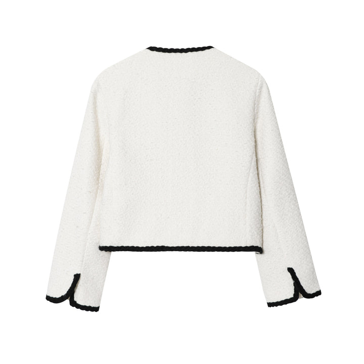 Damen nan kurz geschnittene Bouclé-Jacke mit geflochtenem Rand und goldenen Zierknöpfen Drune