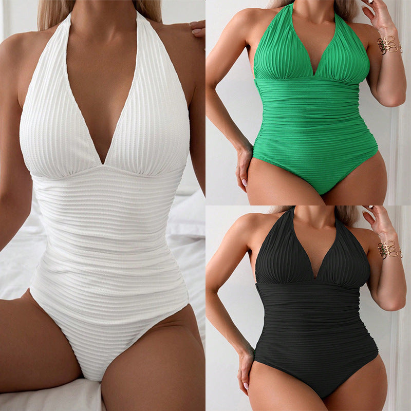 Damen Einteiler Badeanzug mit tiefem V-Ausschnitt und modischem Rüschendesign Drune