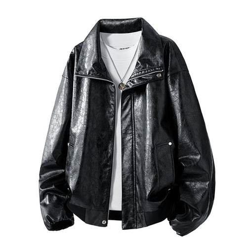 Herren Oversize Kunstleder‑Fliegerjacke mit breitem Umlegekragen, Zwei‑Wege‑Reißverschluss & gerippten Abschlüssen Drune