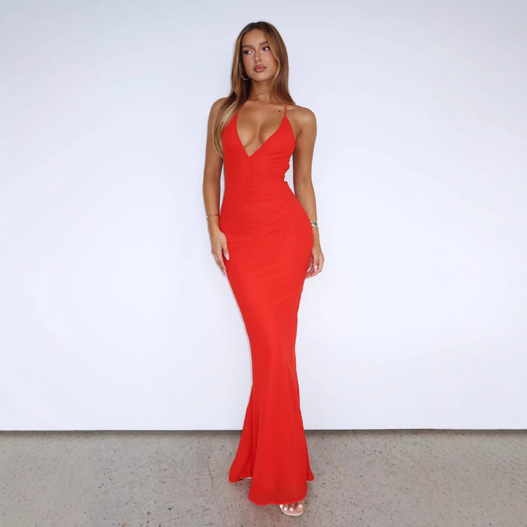 Damen Elegantes Maxikleid mit tiefem V-Ausschnitt und Spaghettiträgern Drune