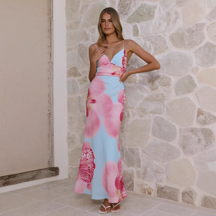 Damen Maxikleid mit floralem Design und raffinierten Rüschendetails Drune