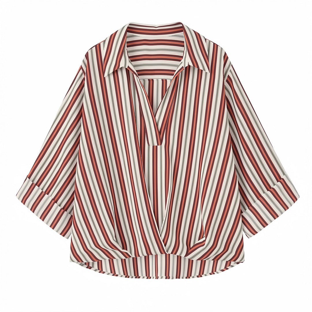 Damen Gestreifte Bluse mit V‑Ausschnitt, weitem Schnitt und dreiviertel Ärmeln Drune