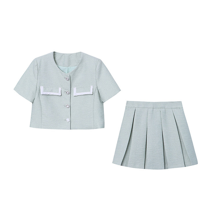 Damen elegantes Zweiteiler-Set mit strukturierter Textur und kontrastierenden Taschen Drune