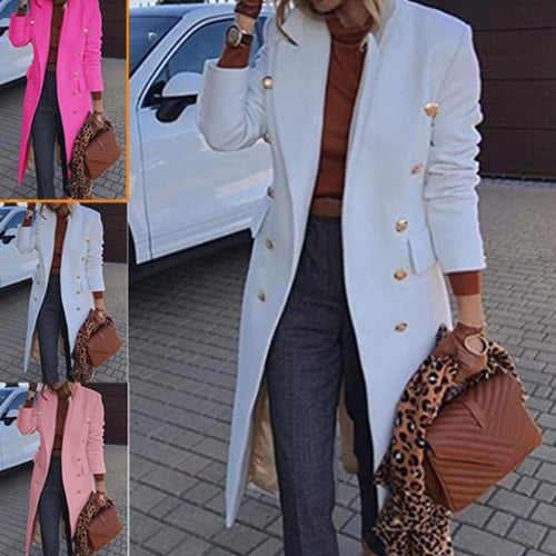 Damen Eleganter Langmantel mit doppelter Knopfreihe und goldenen Akzenten Drune
