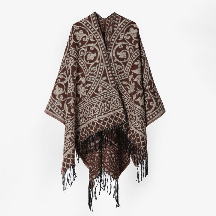 Damen Jacquard-Cape-Überwurf aus Wollmix mit Paisley-Jacquard und Fransensaum Drune