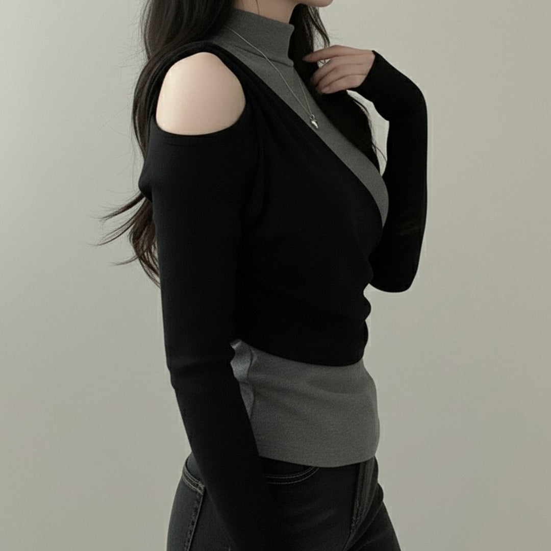 Damen Asymmetrisches Langarmtop mit Stehkragen, Cut-Out‑Schulter und Lagenoptik Drune