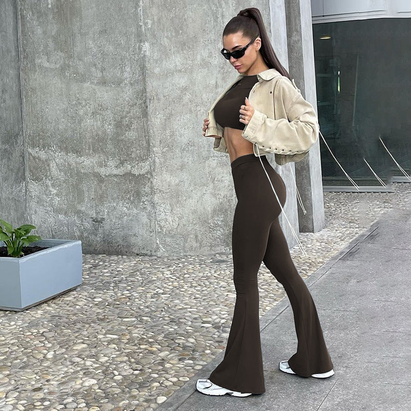 Damen Langarm Cropped Top und Flared Pants Set Drune