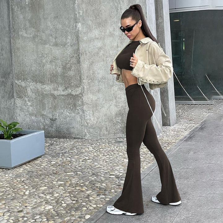 Damen Langarm Cropped Top und Flared Pants Set Drune