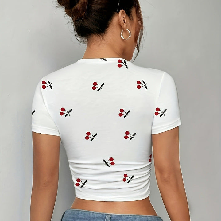 Damen Crop-T-Shirt mit frischem Kirschmotiv und figurbetontem Schnitt Drune