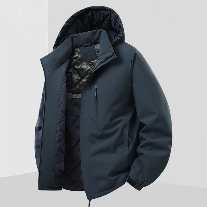 Herren Leichte isolierte Hybrid-Outdoorjacke mit Thermofutter, Kapuze und wasserdichten Reißverschlüssen Drune