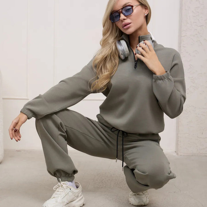 Damen weiches Lounge-Set mit halbem Reißverschluss, Kordelzughose und elastischen Bündchen Drune
