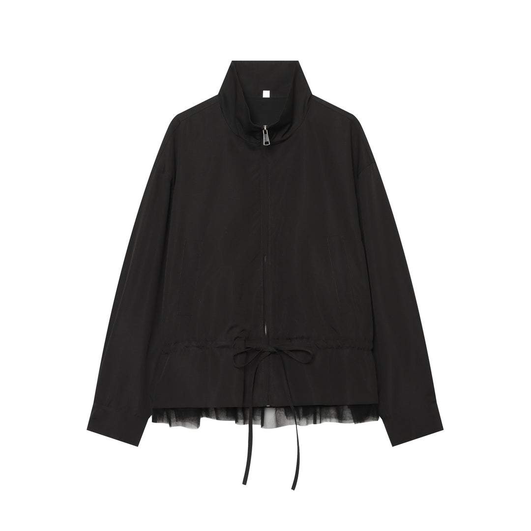 Damen Leichte Cropped Übergangsjacke mit Stehkragen, Tunnelzugtaillierung und Tüllbesatz Drune