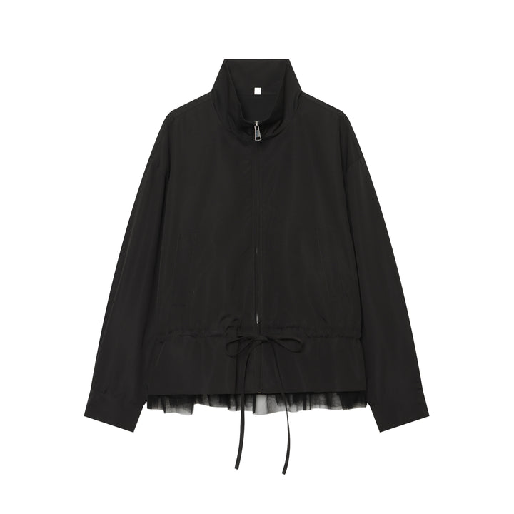 Damen Leichte Cropped Übergangsjacke mit Stehkragen, Tunnelzugtaillierung und Tüllbesatz Drune