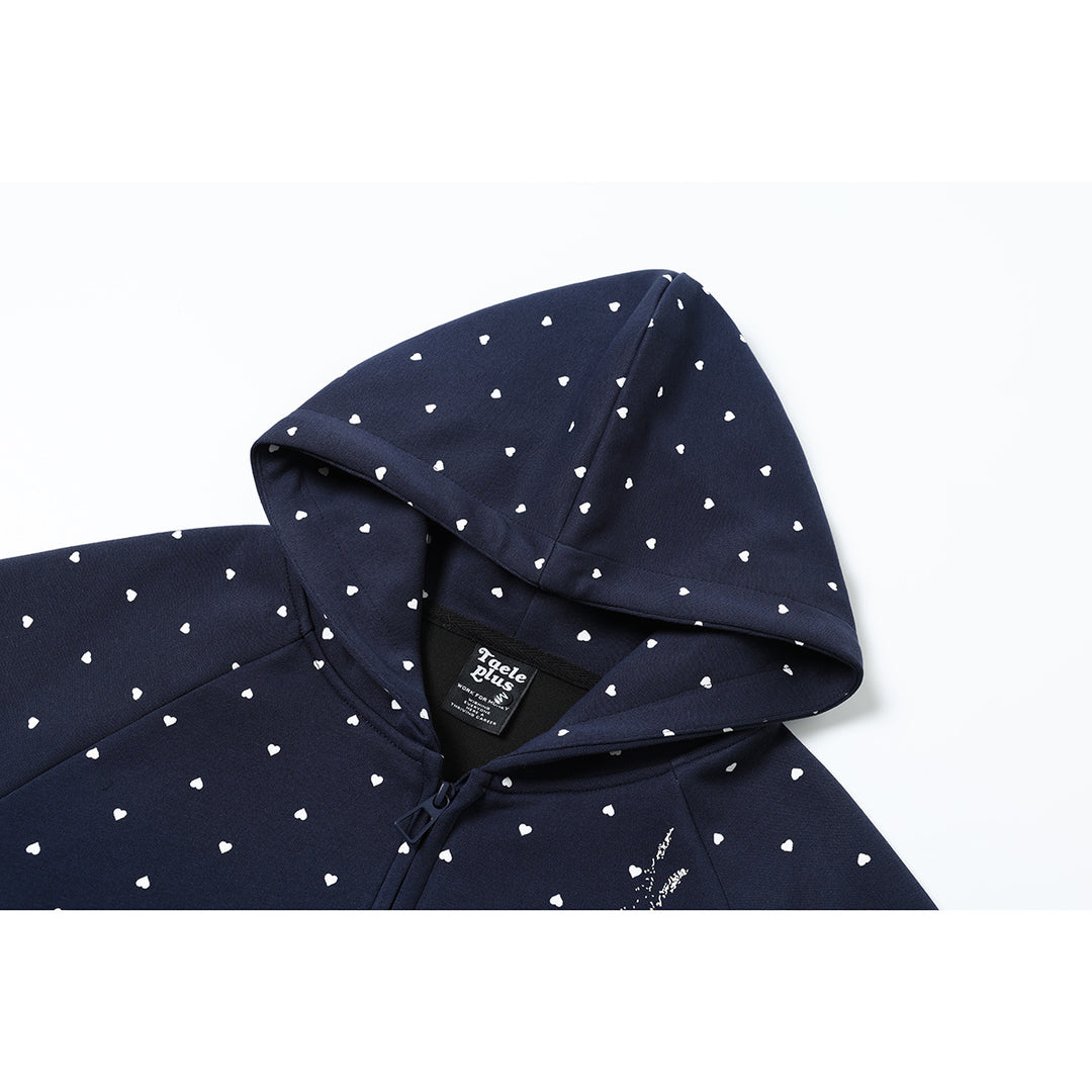 Damen Zip‑Hoodie im Herz-Allover mit Notenschlüssel‑Print und Kängurutaschen Drune