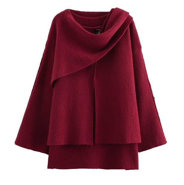 Damen 900+ drapierter Oversize Poncho‑Pullover mit Wasserfallkragen und Zierknopf Drune