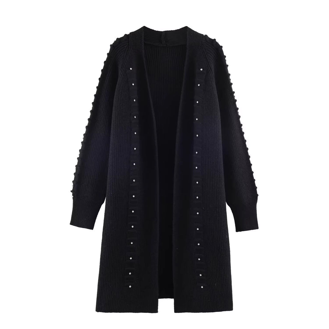 Damen Longline Strickcardigan mit Perlenbesatz und Rippbündchen Drune