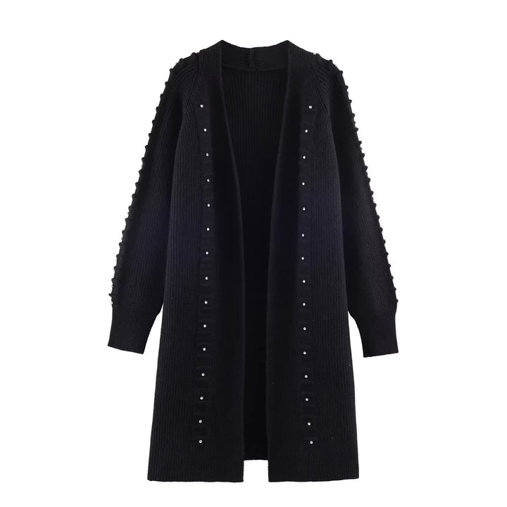 Damen Longline Strickcardigan mit Perlenbesatz und Rippbündchen Drune