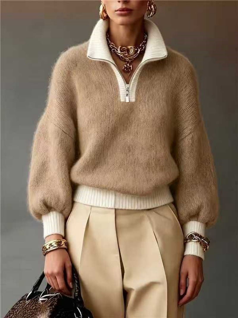 Damen Flauschiger Pullover mit halbem Reißverschluss, Stehkragen und Ballonärmeln Drune