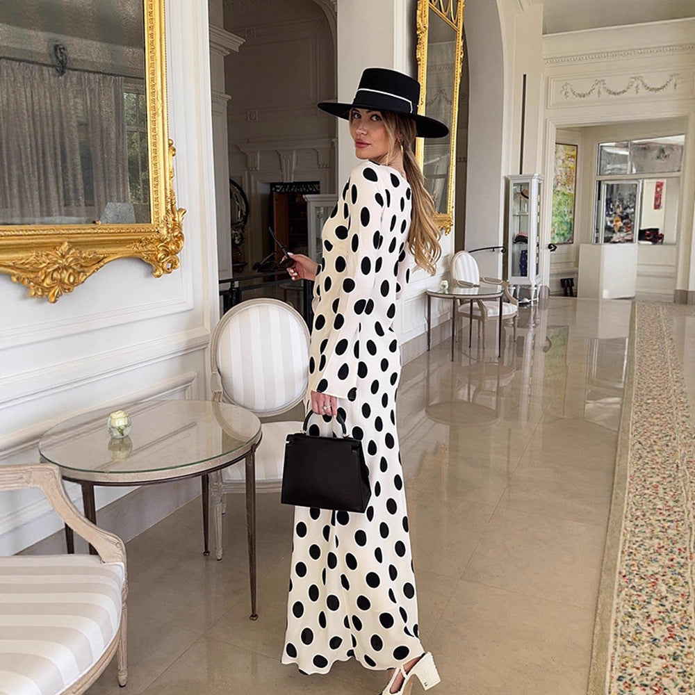 Damen Figurbetontes Polka-Dot Maxikleid mit Trompetenärmeln & Rundhalsausschnitt Drune